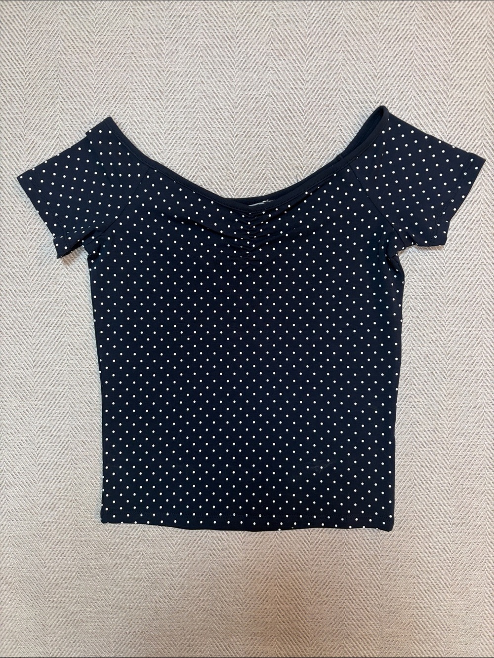 Navy Off-Shoulder Polka Dot Short Sleeve Top